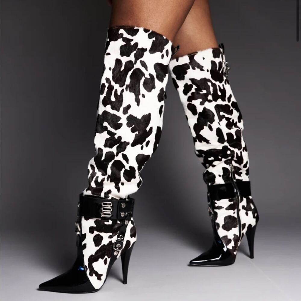 Cow Print Over-the-Knee Pointed Toe Boots - Black & White